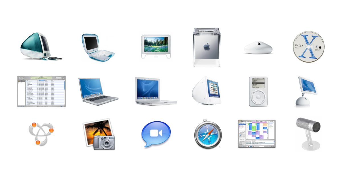 A collage of Apple devices from the 1998-2003: the iMac, iBook, Cinema Display, G4 Cube, Airport Extreme, Mac OS X, iTunes, Macbook Pro, iBook, eMac, iPod, iMac with round base and cantalever display arm, Bonjour icon, iPhoto, iChat, Safari, iCal, and iSight
