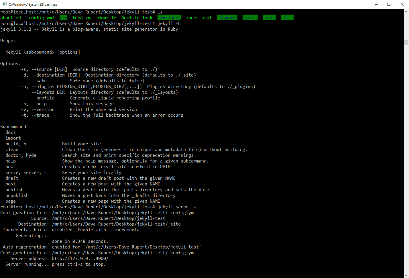 Screenshot of Jekyll commands running in Bash on Windows