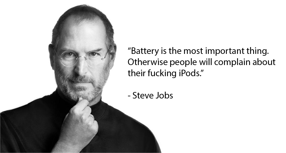 Poster of Steve Jobs saying “Battery is the most important thing. Otherwise people will complain about their fucking iPods”