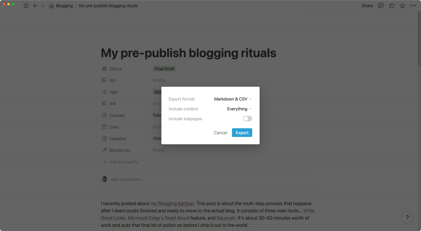 The Notion export modal dialog