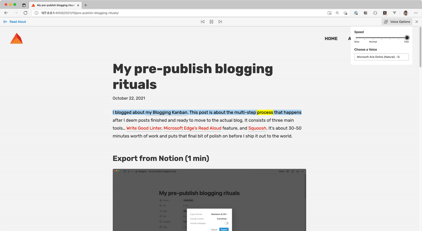 A blog post opened in Microsoft Edge with Edge Readaloud’s options menu open