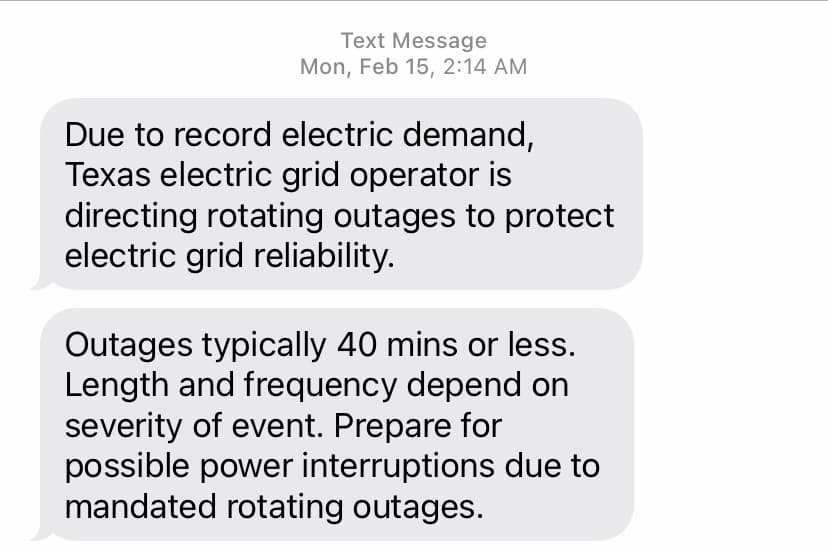 Text from Austin Energy saying power would go out